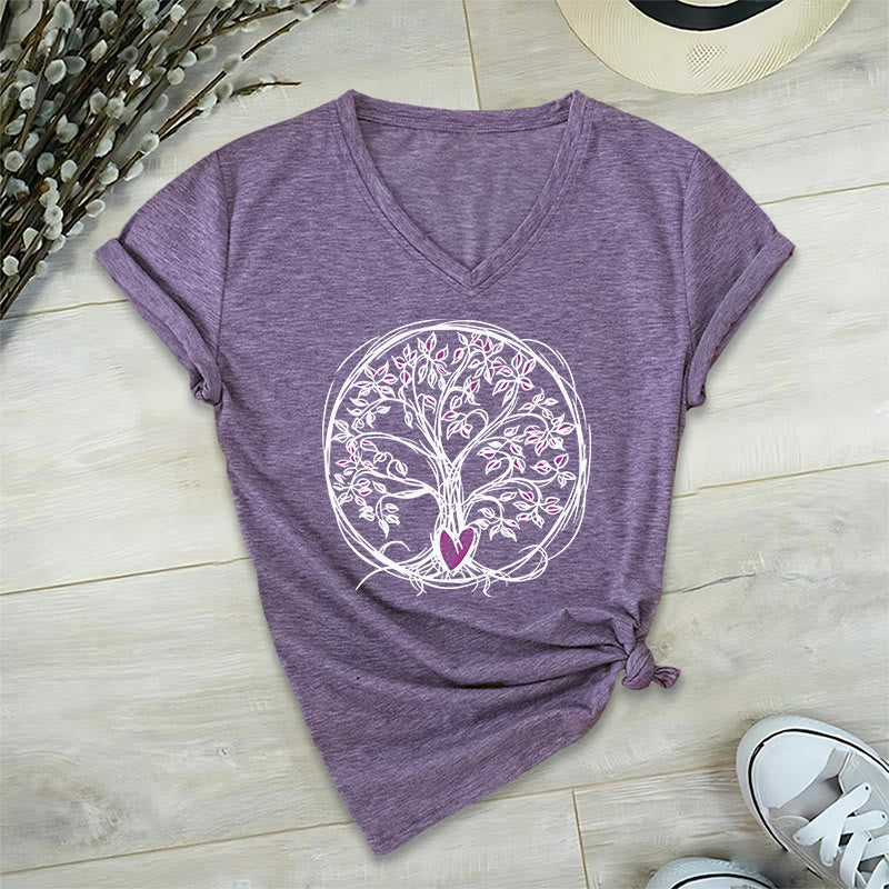 T-shirt da donna con scollo a V e stampa grafica "Cerchio Cuore Radice Albero della Vita Boho" Olivenorma. - image 37