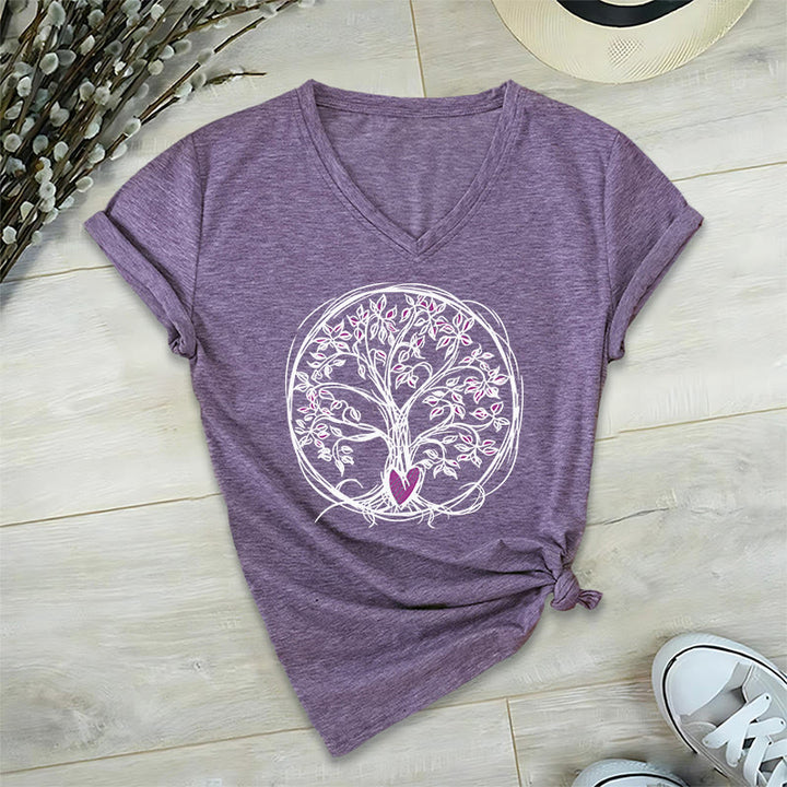 T-shirt da donna con scollo a V e stampa grafica "Cerchio Cuore Radice Albero della Vita Boho" Olivenorma. - image 37