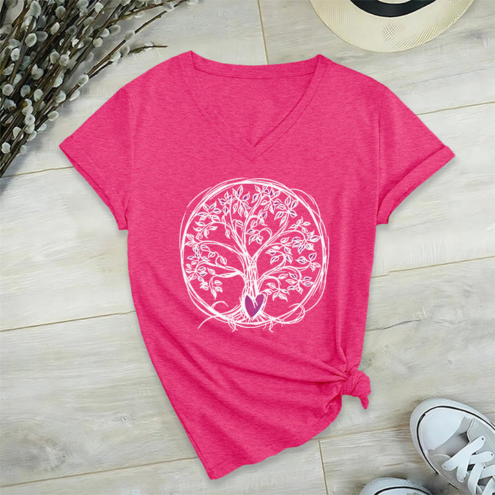 T-shirt da donna con scollo a V e stampa grafica "Cerchio Cuore Radice Albero della Vita Boho" Olivenorma. - image 34