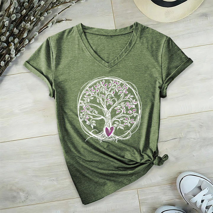 T-shirt da donna con scollo a V e stampa grafica "Cerchio Cuore Radice Albero della Vita Boho" Olivenorma. - image 1