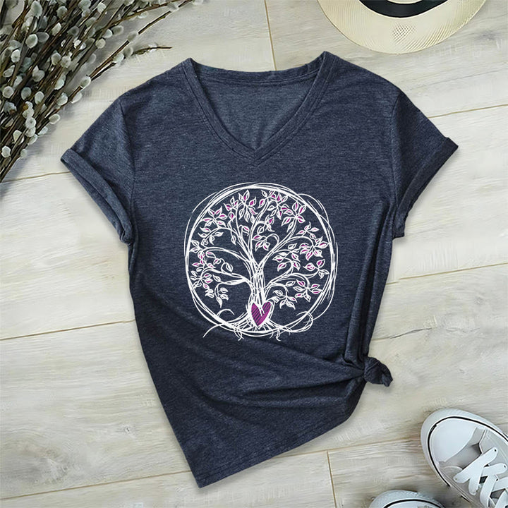 T-shirt da donna con scollo a V e stampa grafica "Cerchio Cuore Radice Albero della Vita Boho" Olivenorma. - image 22