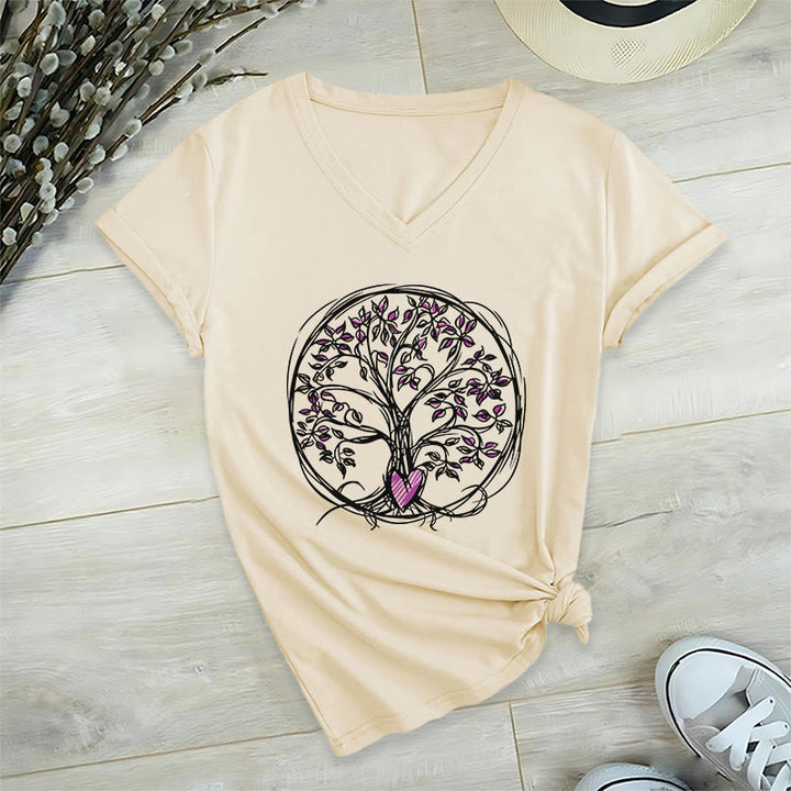 T-shirt da donna con scollo a V e stampa grafica "Cerchio Cuore Radice Albero della Vita Boho" Olivenorma. - image 4