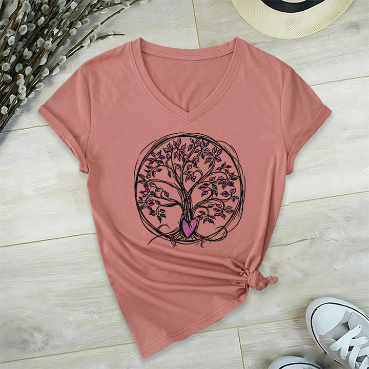 T-shirt da donna con scollo a V e stampa grafica "Cerchio Cuore Radice Albero della Vita Boho" Olivenorma. - image 7