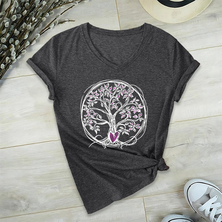 T-shirt da donna con scollo a V e stampa grafica "Cerchio Cuore Radice Albero della Vita Boho" Olivenorma. - image 16