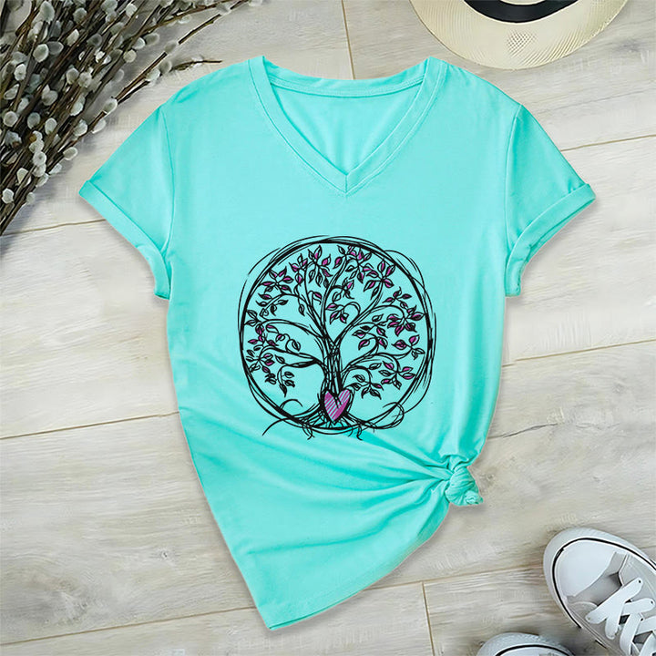T-shirt da donna con scollo a V e stampa grafica "Cerchio Cuore Radice Albero della Vita Boho" Olivenorma. - image 10
