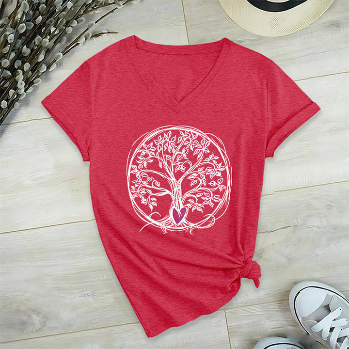 T-shirt da donna con scollo a V e stampa grafica "Cerchio Cuore Radice Albero della Vita Boho" Olivenorma. - image 28