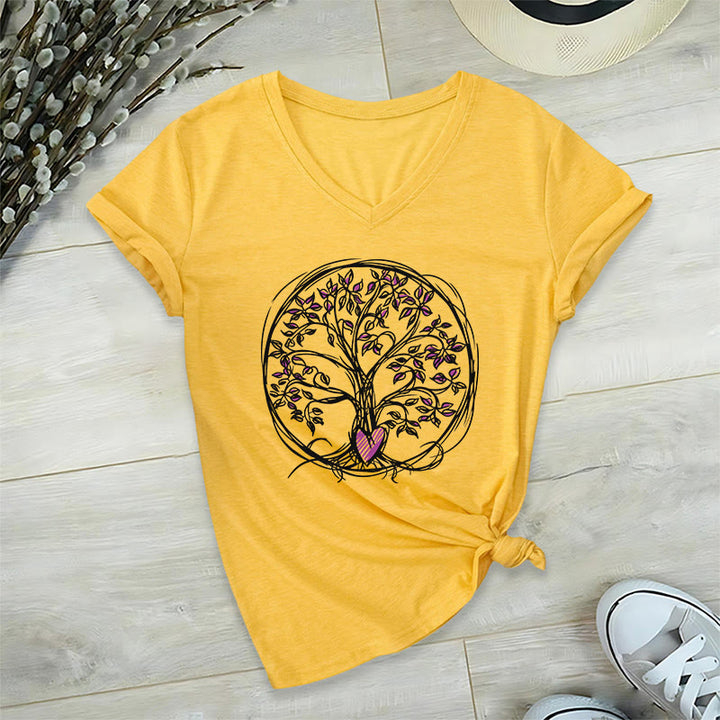 T-shirt da donna con scollo a V e stampa grafica "Cerchio Cuore Radice Albero della Vita Boho" Olivenorma. - image 31
