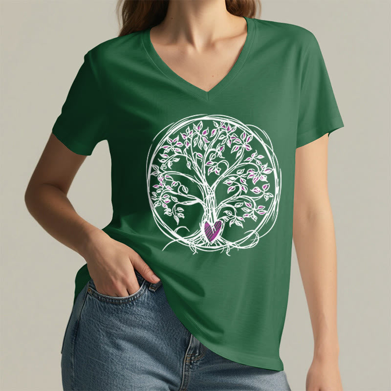 T-shirt da donna con scollo a V e stampa grafica "Cerchio Cuore Radice Albero della Vita Boho" Olivenorma. - image 26