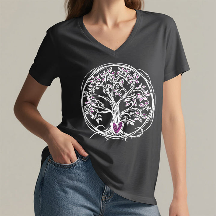 T-shirt da donna con scollo a V e stampa grafica "Cerchio Cuore Radice Albero della Vita Boho" Olivenorma. - image 17