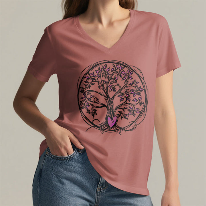 T-shirt da donna con scollo a V e stampa grafica "Cerchio Cuore Radice Albero della Vita Boho" Olivenorma. - image 8