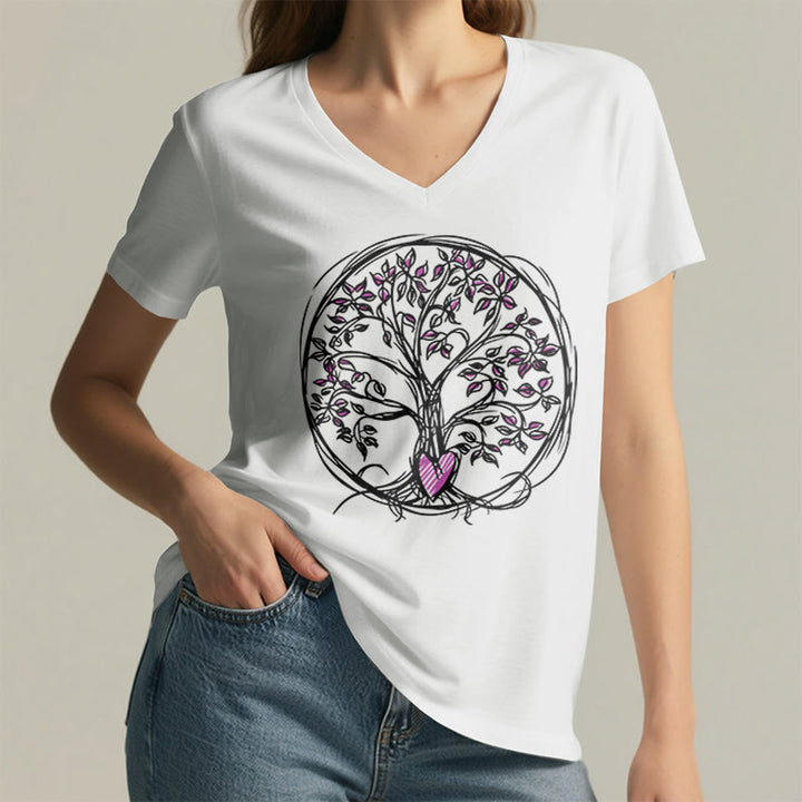 T-shirt da donna con scollo a V e stampa grafica "Cerchio Cuore Radice Albero della Vita Boho" Olivenorma. - image 20