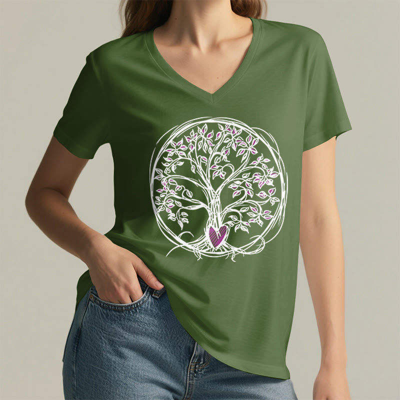T-shirt da donna con scollo a V e stampa grafica "Cerchio Cuore Radice Albero della Vita Boho" Olivenorma. - image 2