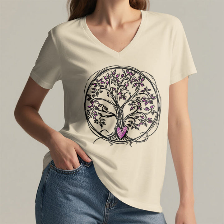 T-shirt da donna con scollo a V e stampa grafica "Cerchio Cuore Radice Albero della Vita Boho" Olivenorma. - image 5