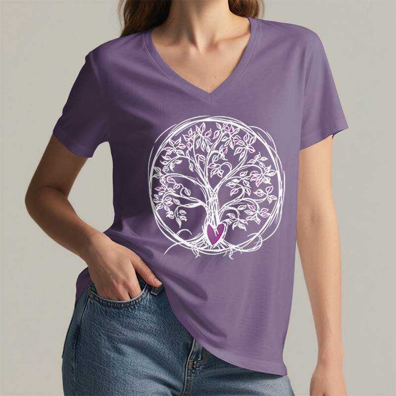 T-shirt da donna con scollo a V e stampa grafica "Cerchio Cuore Radice Albero della Vita Boho" Olivenorma. - image 38