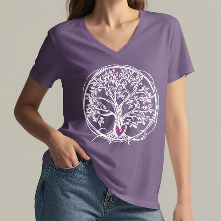 T-shirt da donna con scollo a V e stampa grafica "Cerchio Cuore Radice Albero della Vita Boho" Olivenorma. - image 38