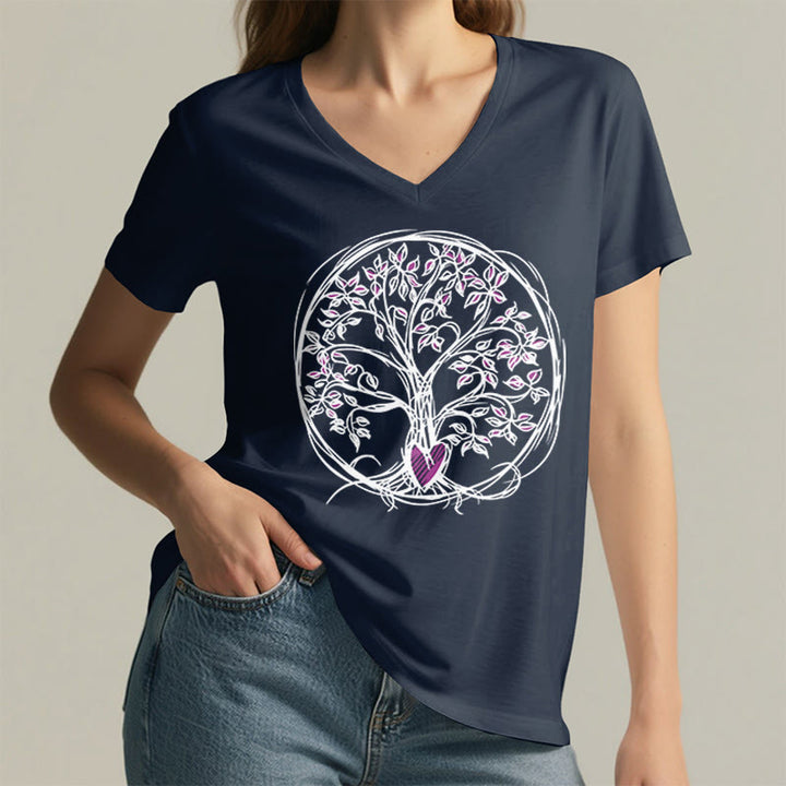 T-shirt da donna con scollo a V e stampa grafica "Cerchio Cuore Radice Albero della Vita Boho" Olivenorma. - image 23