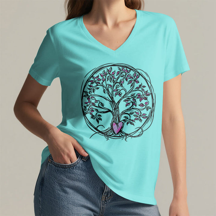 T-shirt da donna con scollo a V e stampa grafica "Cerchio Cuore Radice Albero della Vita Boho" Olivenorma. - image 11