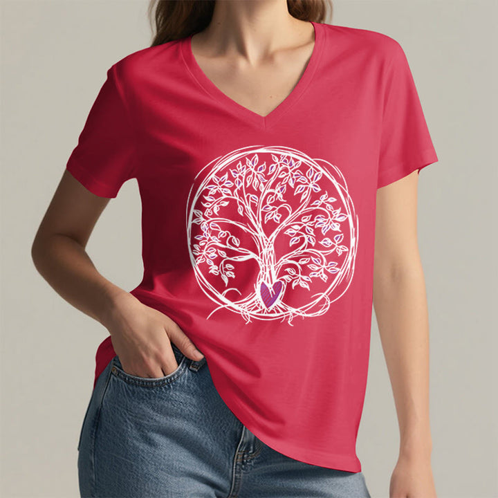 T-shirt da donna con scollo a V e stampa grafica "Cerchio Cuore Radice Albero della Vita Boho" Olivenorma. - image 29