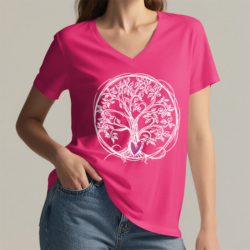 T-shirt da donna con scollo a V e stampa grafica "Cerchio Cuore Radice Albero della Vita Boho" Olivenorma. - image 35