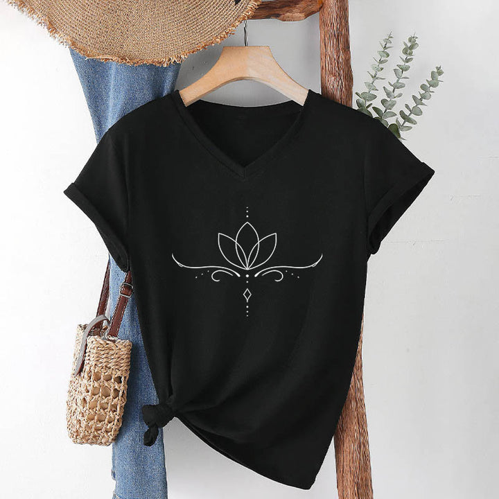 T-shirt da donna Olivenorma con scollo a V, elegante, stile boho, con stampa a pois e linee di loto, ideale per lo yoga. - Nero - 2XL - image 12