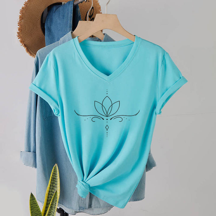 T-shirt da donna Olivenorma con scollo a V, elegante, stile boho, con stampa a pois e linee di loto, ideale per lo yoga. - Lago Blu - 2XL - image 0