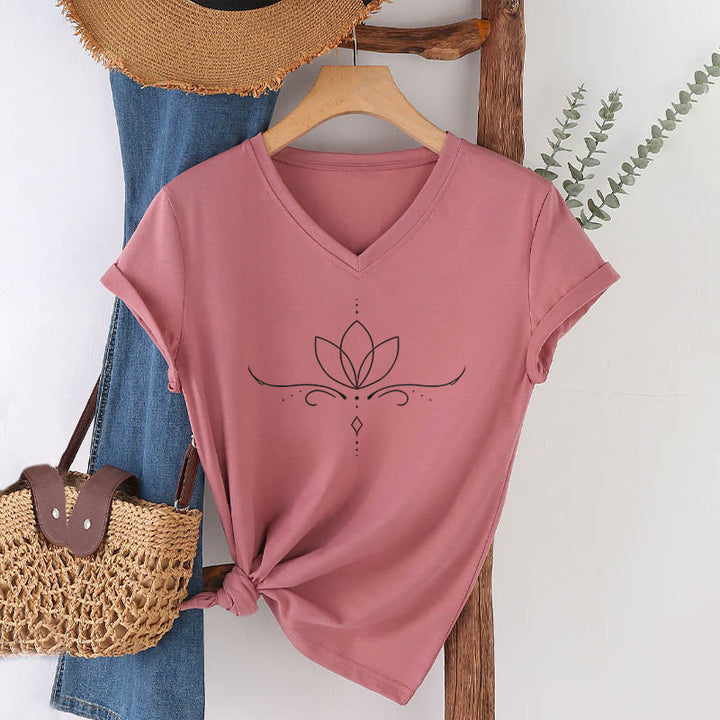 T-shirt da donna Olivenorma con scollo a V, elegante, stile boho, con stampa a pois e linee di loto, ideale per lo yoga. - Rosa - 2XL - image 9