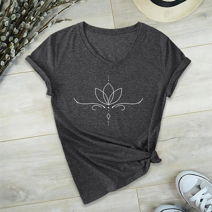 T-shirt da donna Olivenorma con scollo a V, elegante, stile boho, con stampa a pois e linee di loto, ideale per lo yoga. - image 16