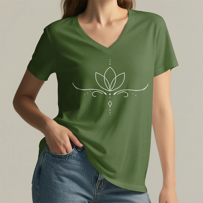 T-shirt da donna Olivenorma con scollo a V, elegante, stile boho, con stampa a pois e linee di loto, ideale per lo yoga. - image 5