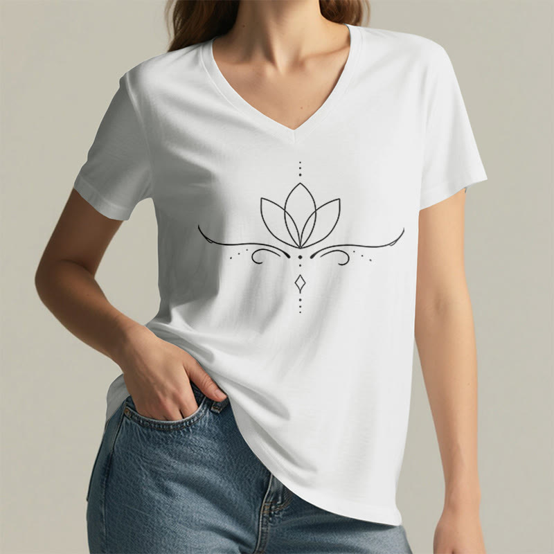 T-shirt da donna Olivenorma con scollo a V, elegante, stile boho, con stampa a pois e linee di loto, ideale per lo yoga. - image 20