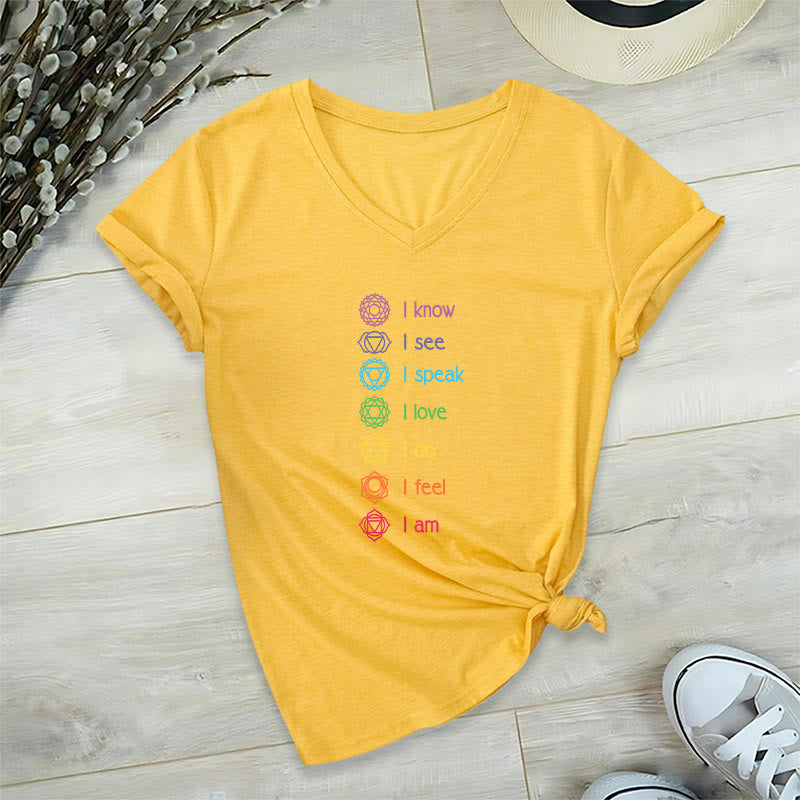 Maglietta da donna con scollo a V e scritta Olivenorma 7 Chakra Affirmation Vertical Rainbow Symbol Graphic. - Giallo - 2XL - image 30