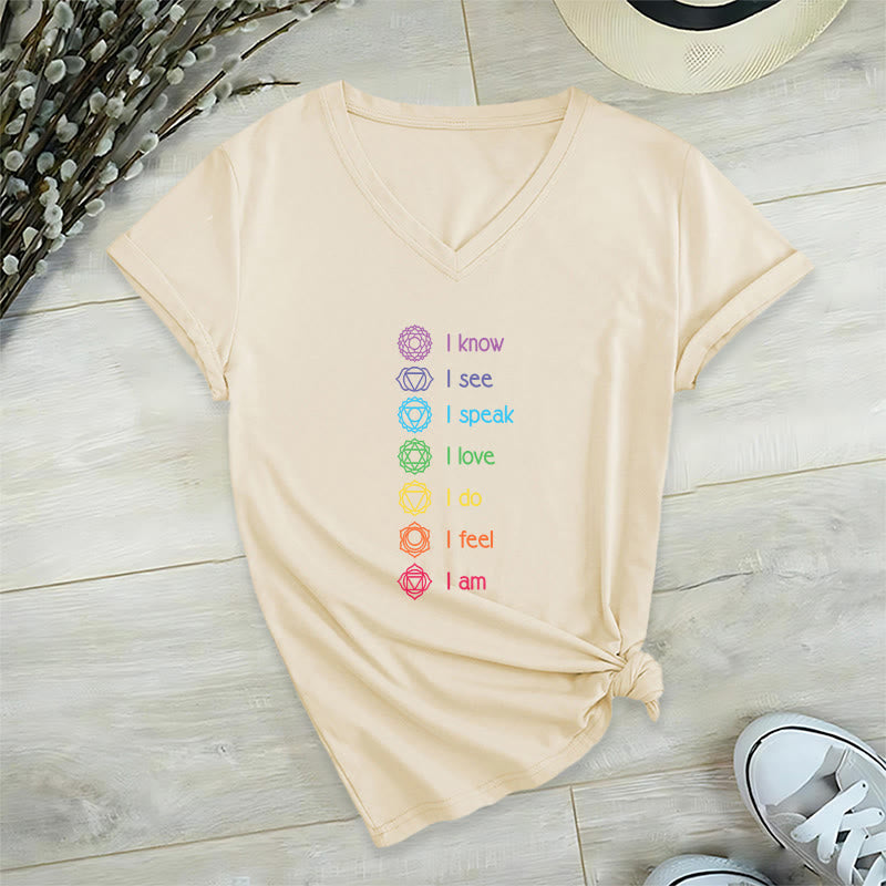 Maglietta da donna con scollo a V e scritta Olivenorma 7 Chakra Affirmation Vertical Rainbow Symbol Graphic. - Cachi - 2XL - image 6