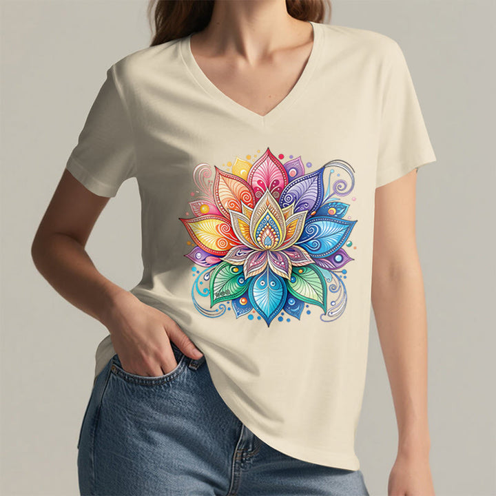 T-shirt da donna con scollo a V e stampa grafica boho "Vivant Rainbow Mandala Lotus" Olivenorma. - image 8
