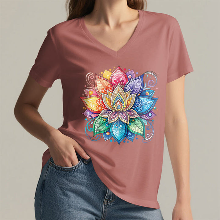 T-shirt da donna con scollo a V e stampa grafica boho "Vivant Rainbow Mandala Lotus" Olivenorma. - image 11