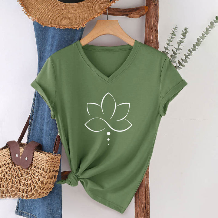 T-shirt da donna Olivenorma Minimal Thin Line Lotus Dot Chakra Spiritual Graphic con scollo a V - Verde oliva - 2XL - image 3