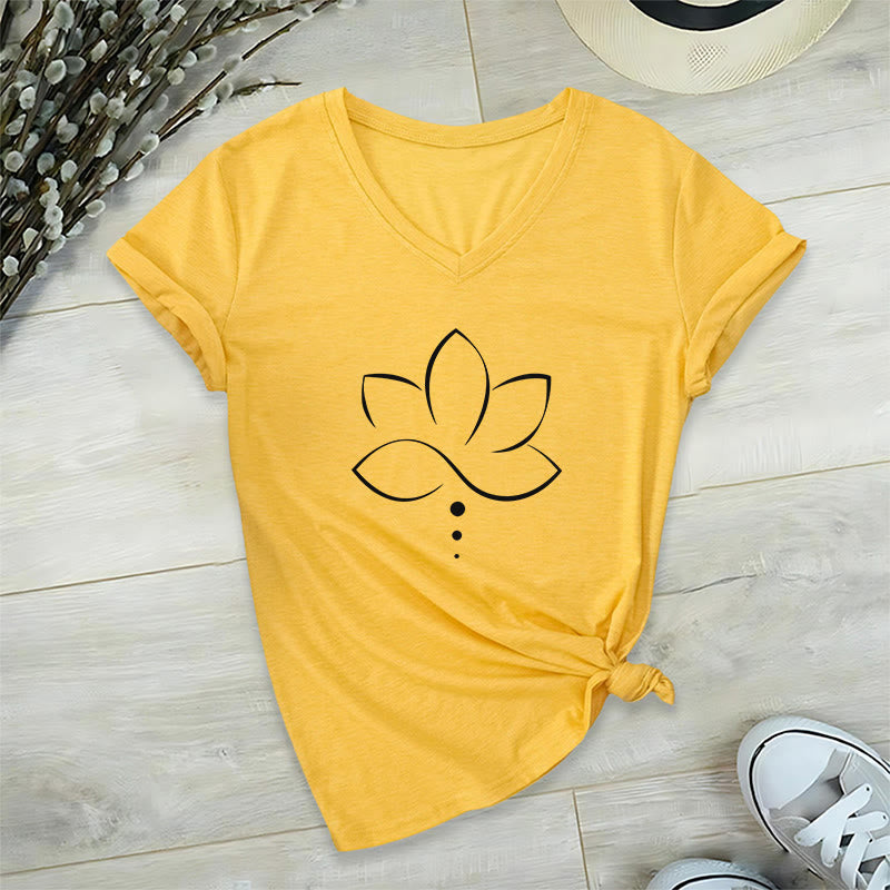 T-shirt da donna Olivenorma Minimal Thin Line Lotus Dot Chakra Spiritual Graphic con scollo a V - image 31