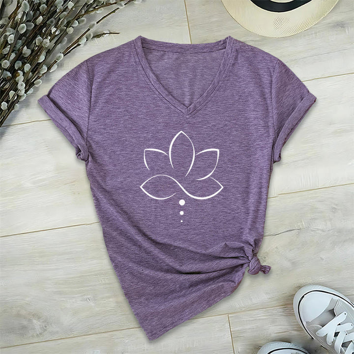 T-shirt da donna Olivenorma Minimal Thin Line Lotus Dot Chakra Spiritual Graphic con scollo a V - image 37