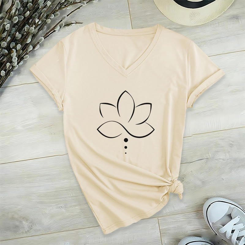 T-shirt da donna Olivenorma Minimal Thin Line Lotus Dot Chakra Spiritual Graphic con scollo a V - image 7