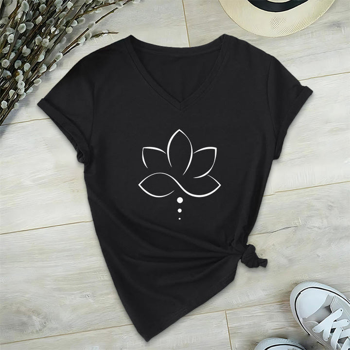 T-shirt da donna Olivenorma Minimal Thin Line Lotus Dot Chakra Spiritual Graphic con scollo a V - image 13