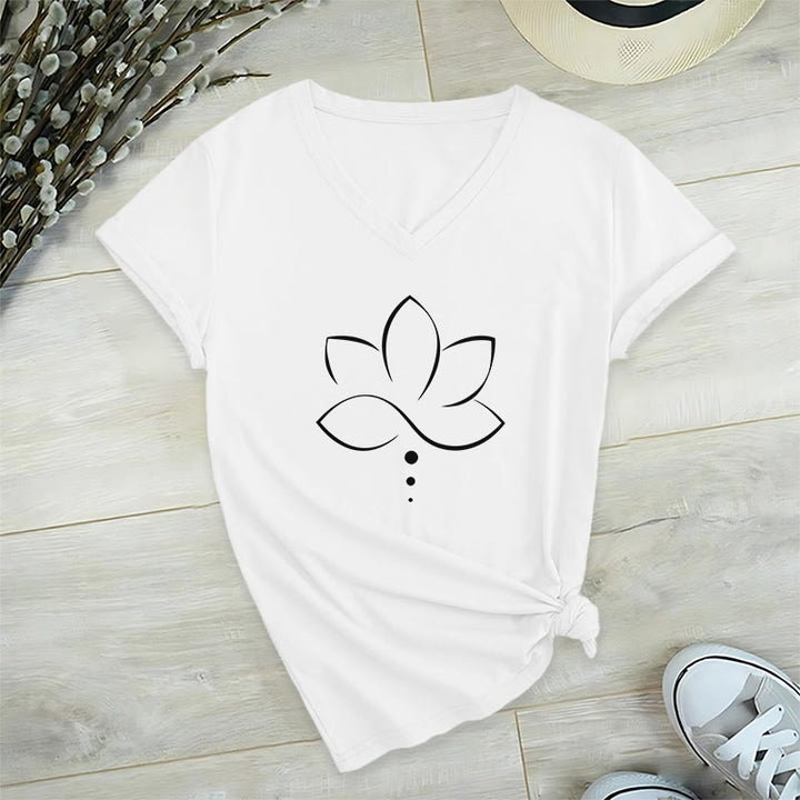 T-shirt da donna Olivenorma Minimal Thin Line Lotus Dot Chakra Spiritual Graphic con scollo a V - image 19