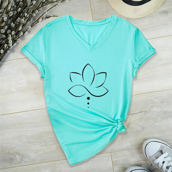 T-shirt da donna Olivenorma Minimal Thin Line Lotus Dot Chakra Spiritual Graphic con scollo a V - image 1
