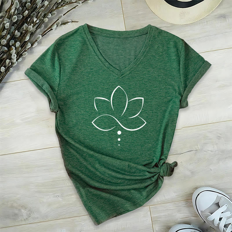 T-shirt da donna Olivenorma Minimal Thin Line Lotus Dot Chakra Spiritual Graphic con scollo a V - image 25