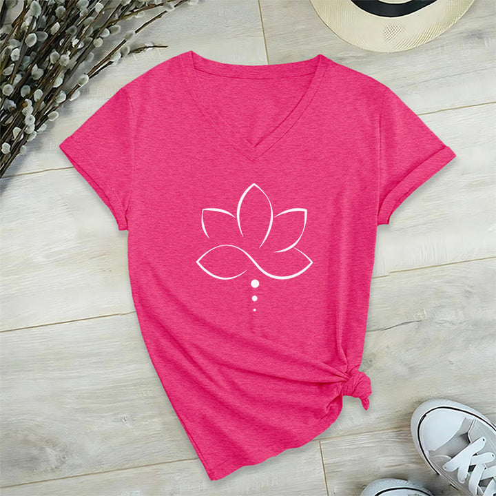 T-shirt da donna Olivenorma Minimal Thin Line Lotus Dot Chakra Spiritual Graphic con scollo a V - image 34