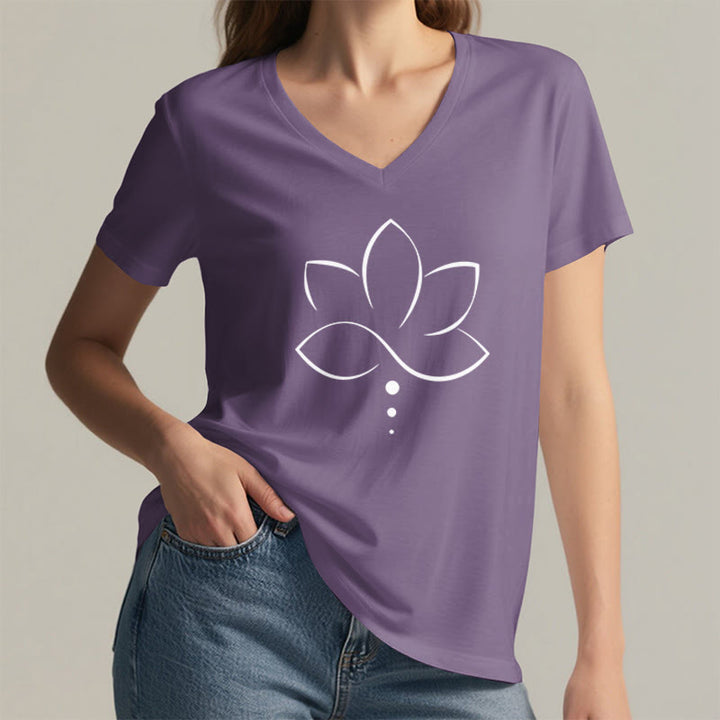 T-shirt da donna Olivenorma Minimal Thin Line Lotus Dot Chakra Spiritual Graphic con scollo a V - image 38