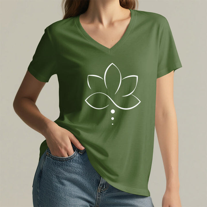 T-shirt da donna Olivenorma Minimal Thin Line Lotus Dot Chakra Spiritual Graphic con scollo a V - image 5