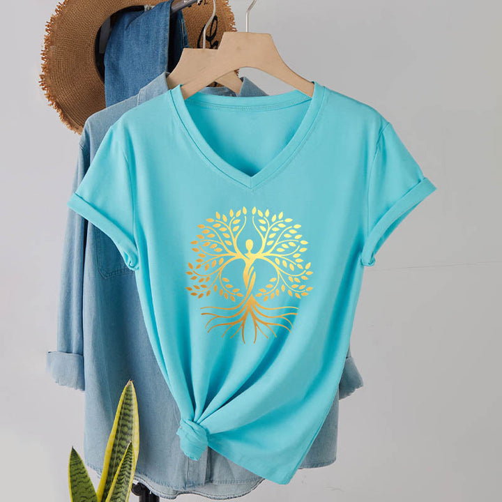 T-shirt da donna con scollo a V e silhouette umana in lamina d'oro Olivenorma con albero della vita e grafica spirituale. - Lago Blu - 2XL - image 9