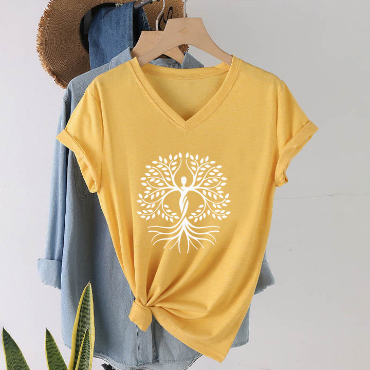 T-shirt da donna con scollo a V e silhouette umana in lamina d'oro Olivenorma con albero della vita e grafica spirituale. - Giallo - 2XL - image 30