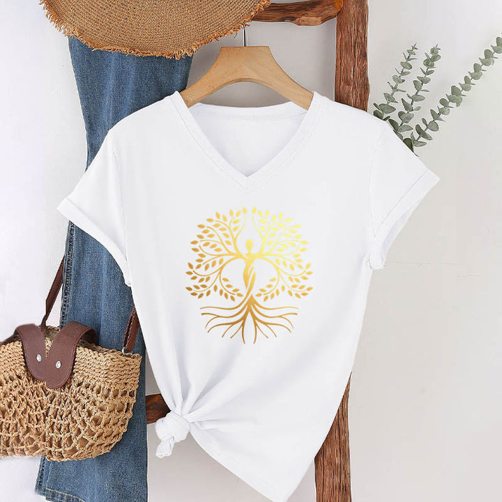T-shirt da donna con scollo a V e silhouette umana in lamina d'oro Olivenorma con albero della vita e grafica spirituale. - Bianco - 2XL - image 18