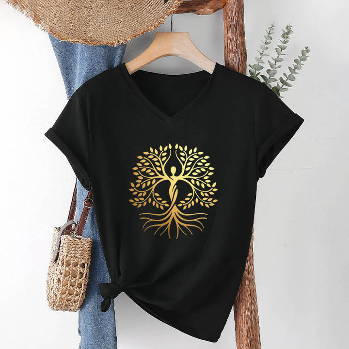 T-shirt da donna con scollo a V e silhouette umana in lamina d'oro Olivenorma con albero della vita e grafica spirituale. - Nero - 2XL - image 12