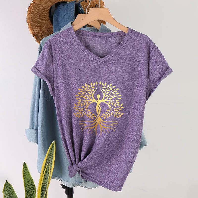 T-shirt da donna con scollo a V e silhouette umana in lamina d'oro Olivenorma con albero della vita e grafica spirituale. - Viola - 2XL - image 36