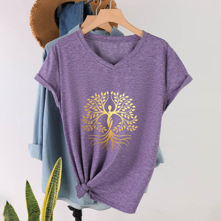 T-shirt da donna con scollo a V e silhouette umana in lamina d'oro Olivenorma con albero della vita e grafica spirituale. - Viola - 2XL - image 36